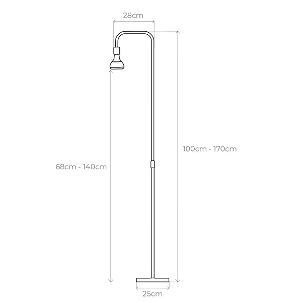 Dimensions of Pianta grow light and stand, total height between 100cm-170cm