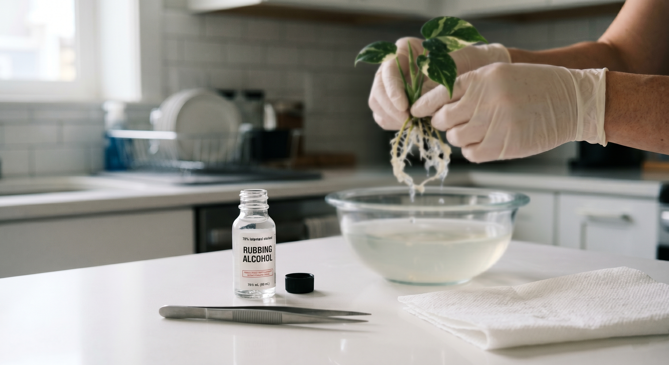 Tissue culture plant being unpacked and gently cleaned