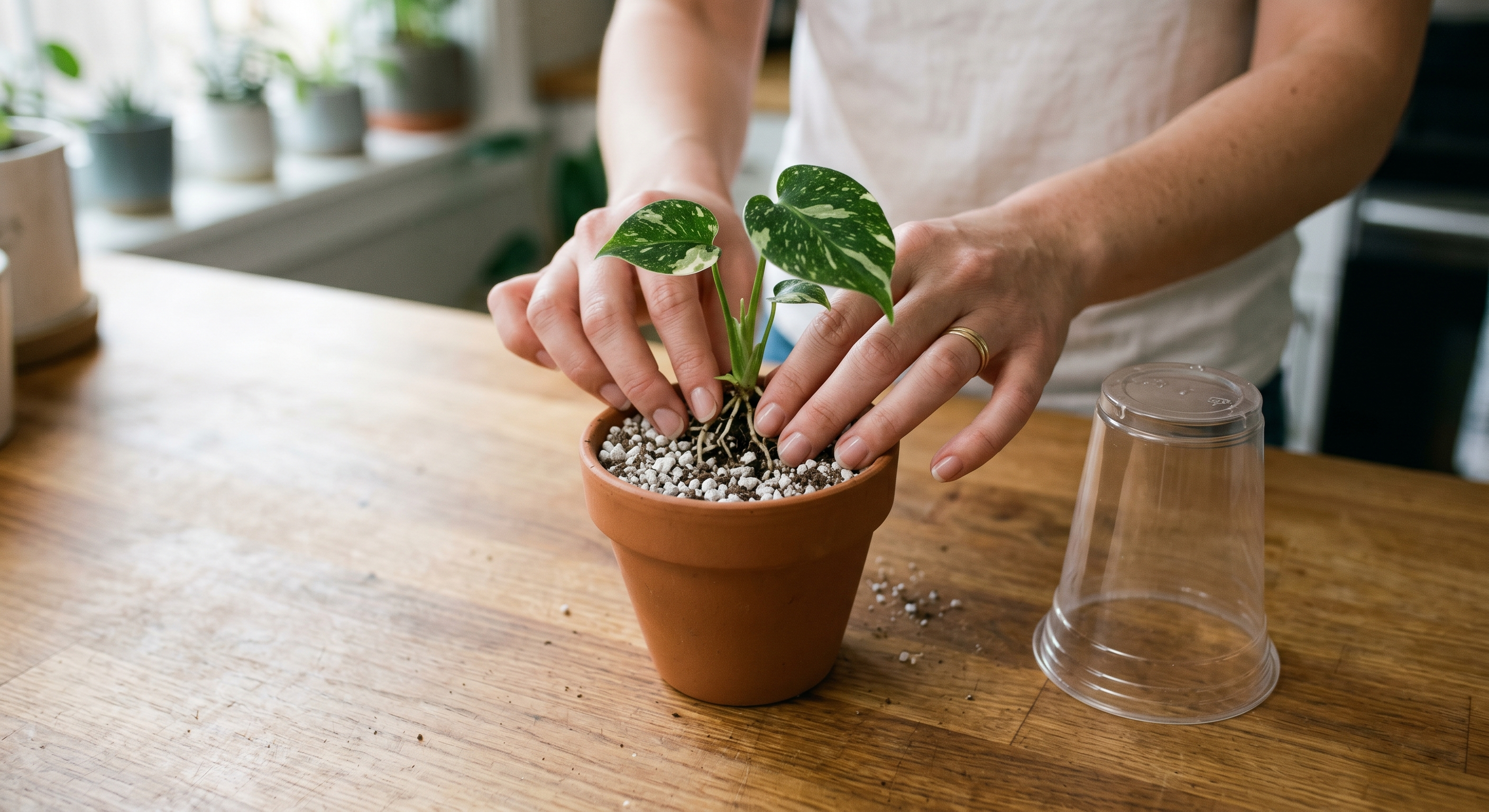 Potted tissue culture plant covered with a clear humidity dome