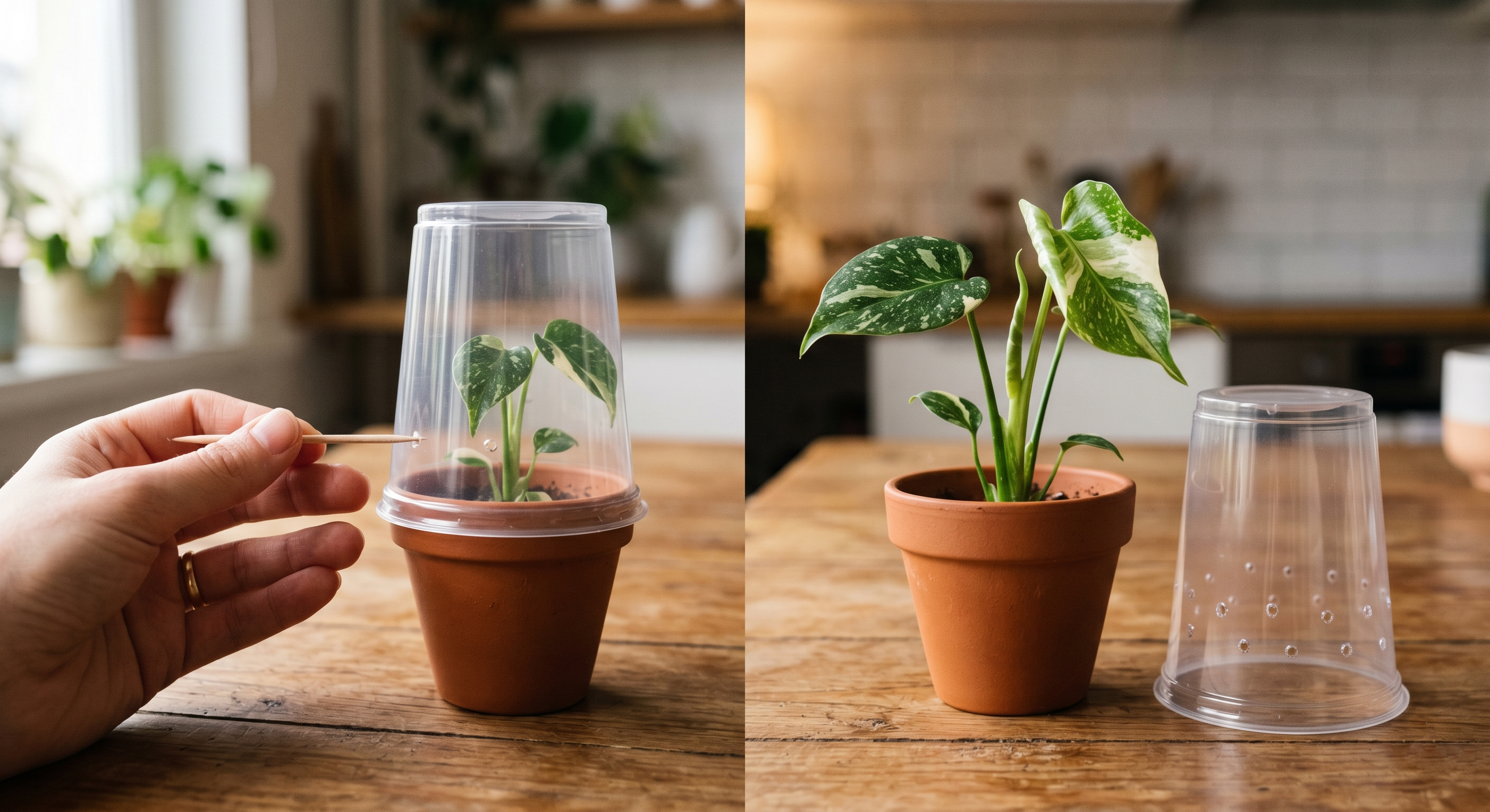 Tissue culture plant gradually hardening off in a clear bag